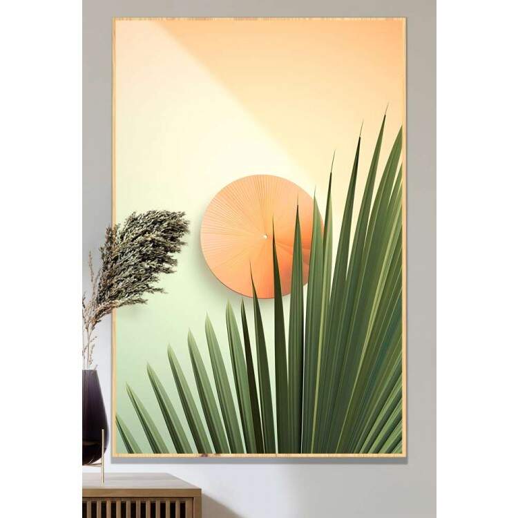 Quadro Decorativo Folha de Palmeira Com Crculo Laranja no Centro Boho