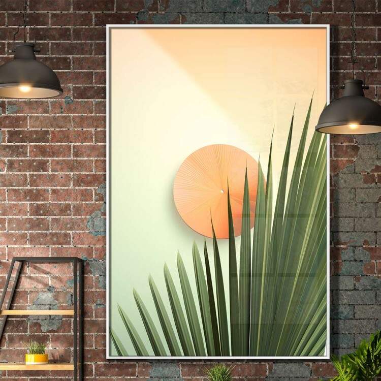 Quadro Decorativo Folha de Palmeira Com Crculo Laranja no Centro