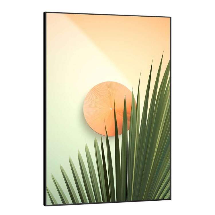 Quadro Decorativo Folha de Palmeira Com Crculo Laranja no Centro