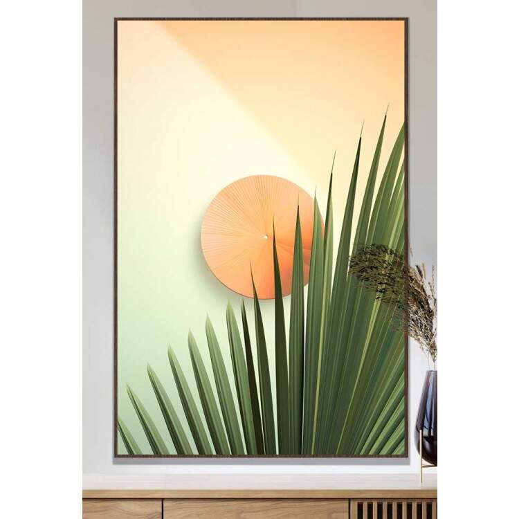 Quadro Decorativo Folha de Palmeira Com Crculo Laranja no Centro Boho