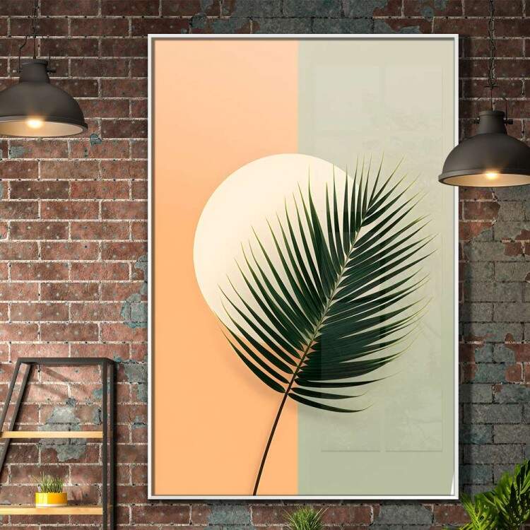 Quadro Decorativo Folha de Palmeira Com Crculo Tons de Laranja e Verde