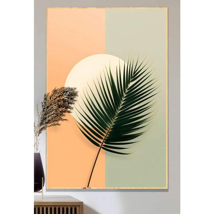 Quadro Decorativo Folha de Palmeira Com Crculo Tons de Laranja e Verde