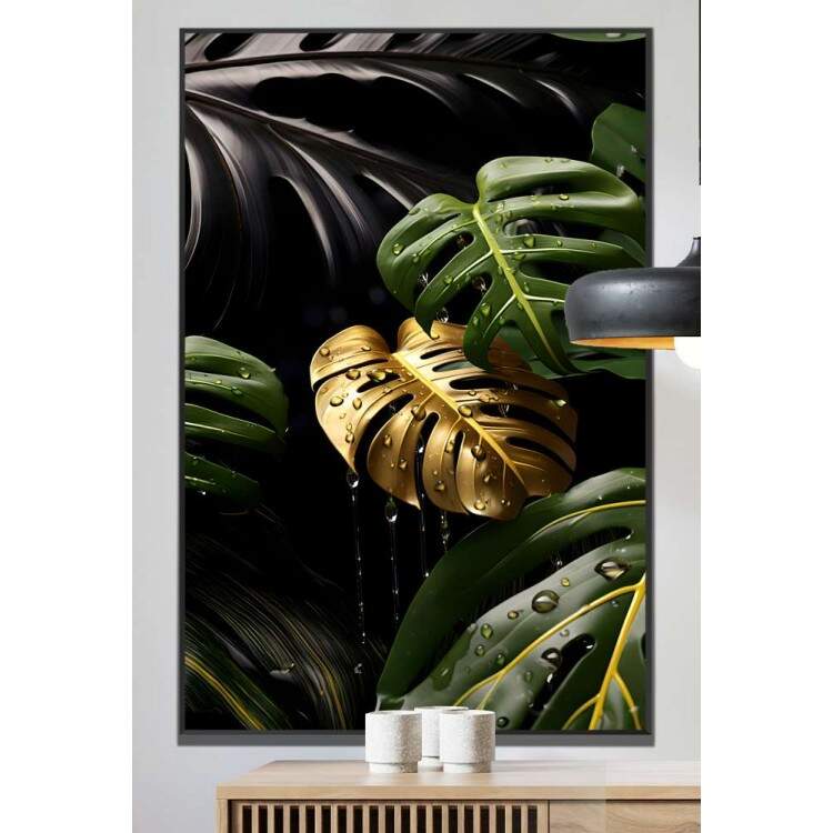 Quadro Decorativo Folhas de Monstera Dourada com Gotas de gua