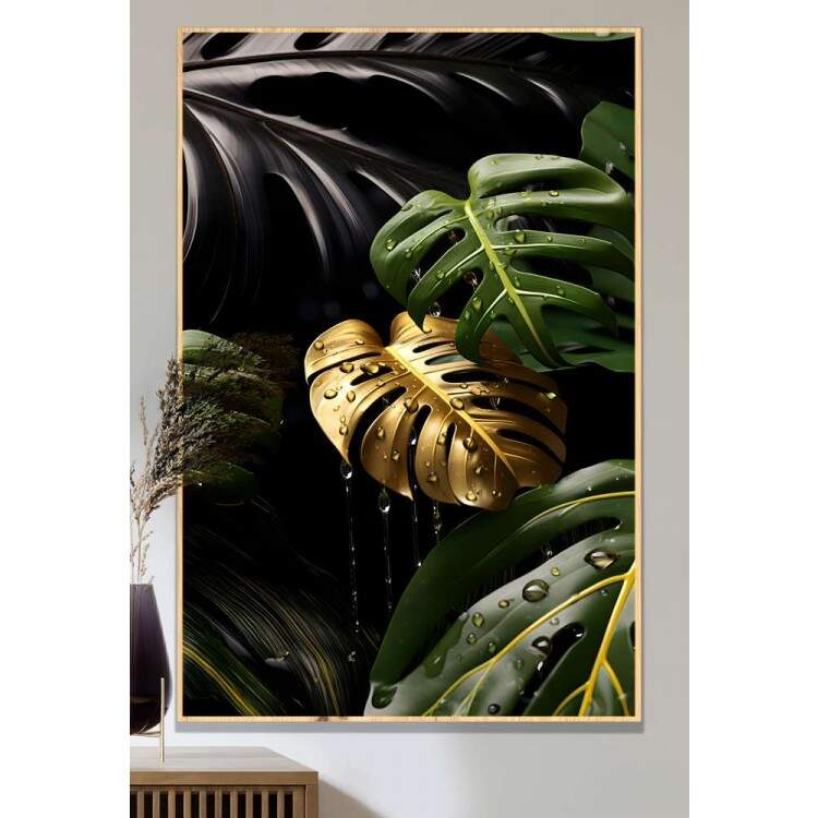 Quadro Decorativo Folhas de Monstera Dourada com Gotas de gua