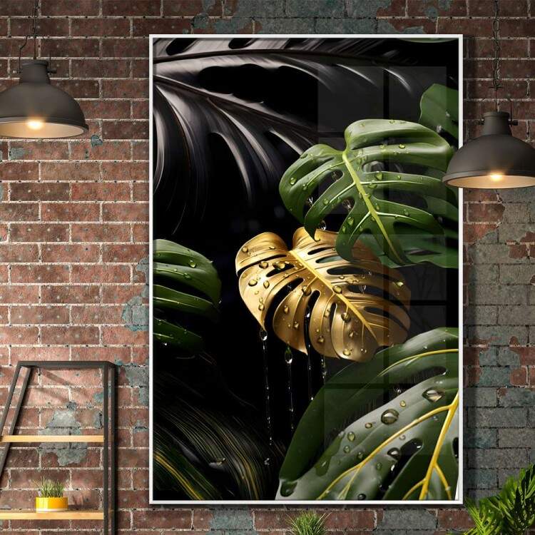 Quadro Decorativo Folhas de Monstera Dourada com Gotas de gua