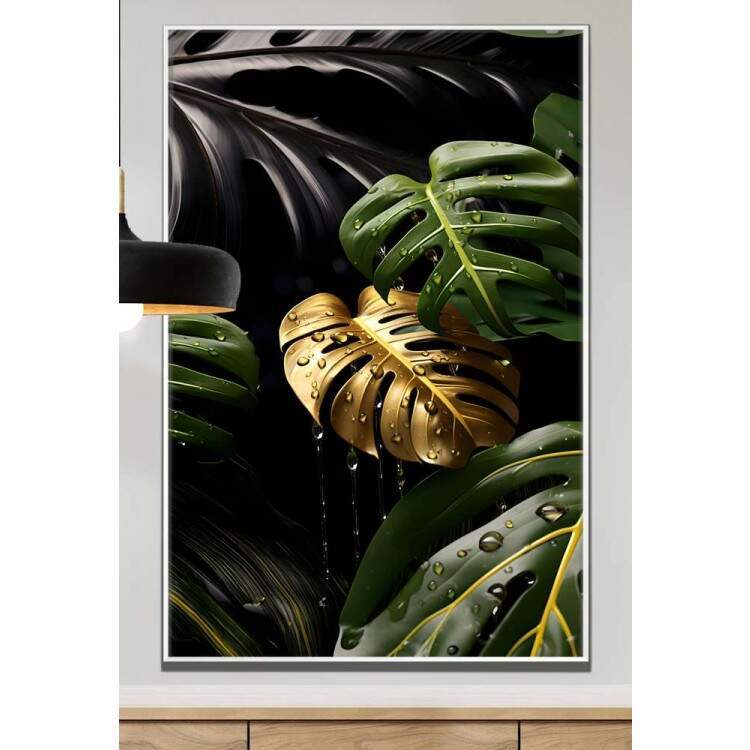 Quadro Decorativo Folhas de Monstera Dourada com Gotas de gua