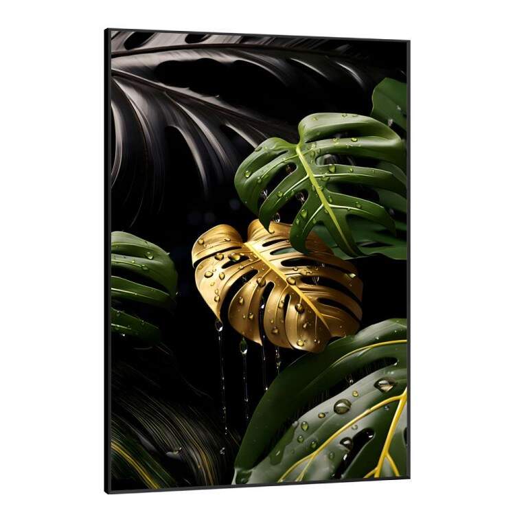 Quadro Decorativo Folhas de Monstera Dourada com Gotas de gua