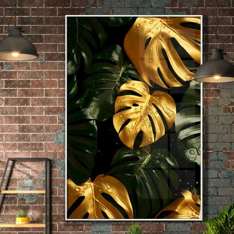 Quadro Decorativo Folhas de Monstera Douradas