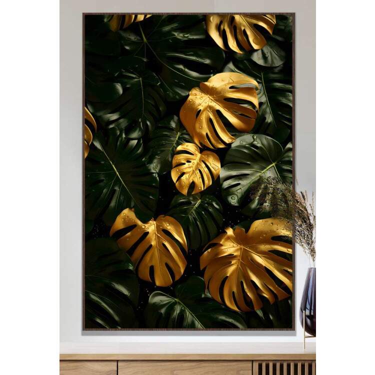 Quadro Decorativo Folhas de Montera da Cor Dourada com Gotas de gua