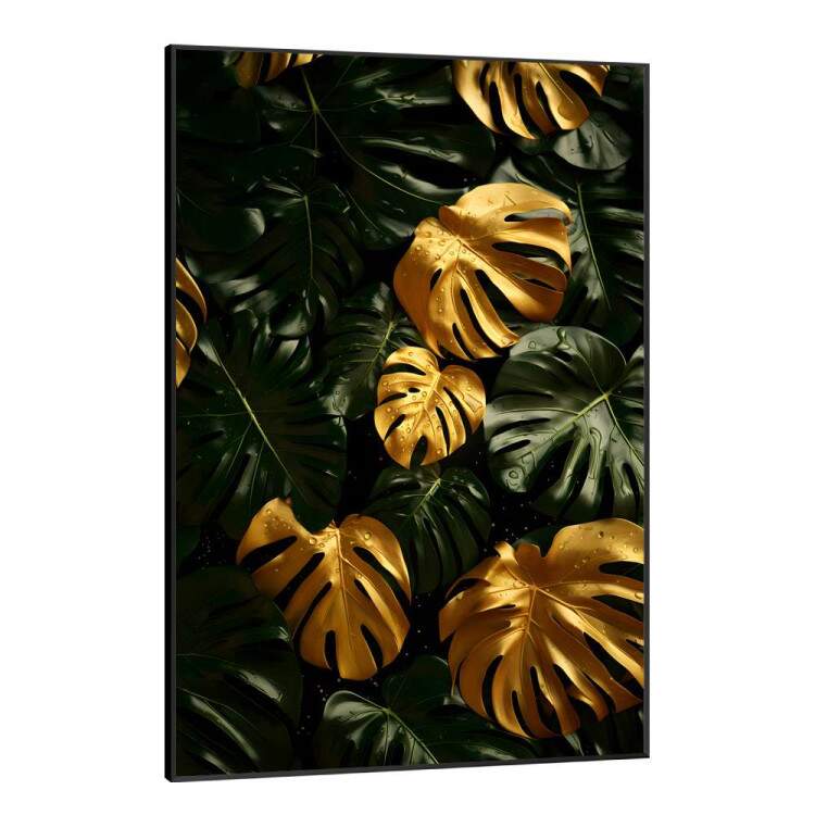 Quadro Decorativo Folhas de Montera da Cor Dourada com Gotas de gua