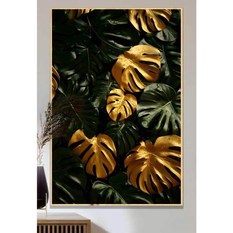 Quadro Decorativo Folhas de Montera da Cor Dourada com Gotas de gua