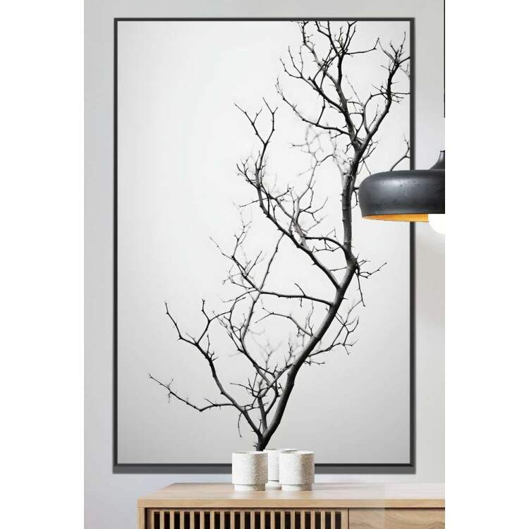 Quadro Decorativo Galho com Folhas Secas Preto e Branco