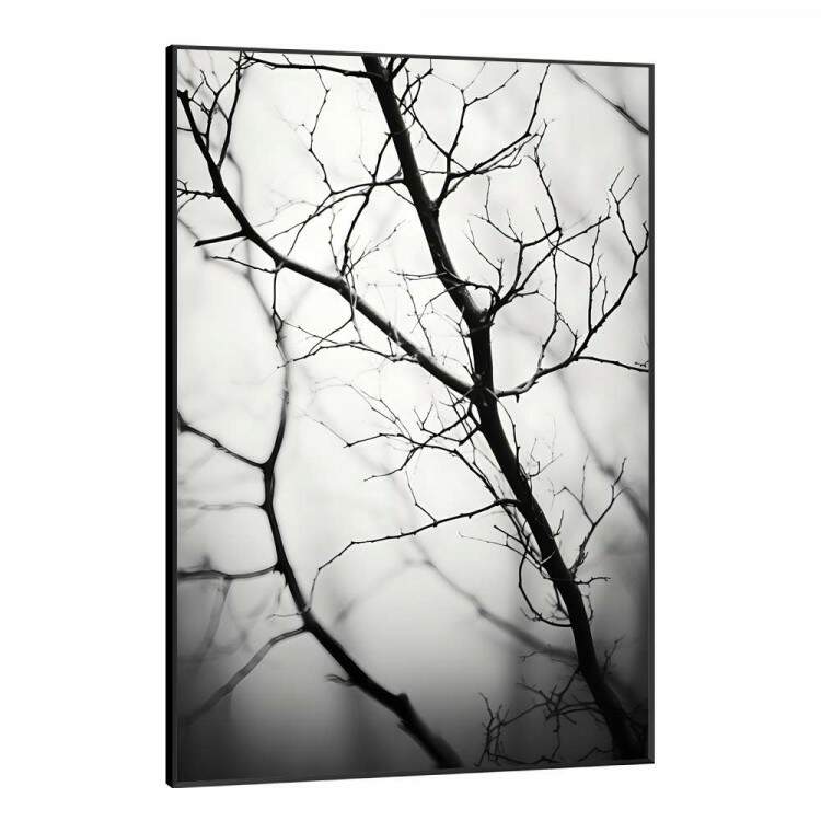 Quadro Decorativo Galho Seco Com Fundo Embaado Preto e Branco