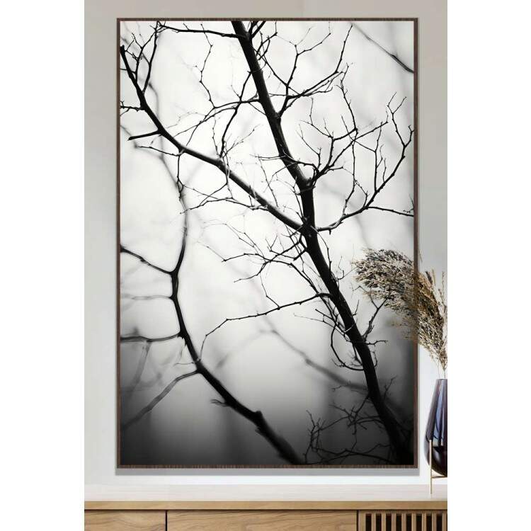 Quadro Decorativo Galho Seco Com Fundo Embaado Preto e Branco