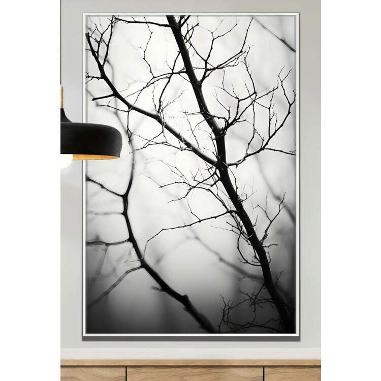 Quadro Decorativo Galho Seco Com Fundo Embaado Preto e Branco