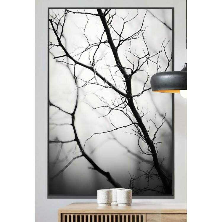 Quadro Decorativo Galho Seco Com Fundo Embaado Preto e Branco