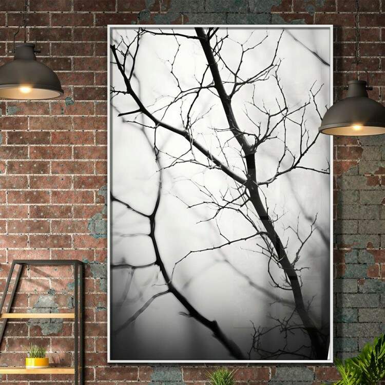 Quadro Decorativo Galho Seco Com Fundo Embaado Preto e Branco