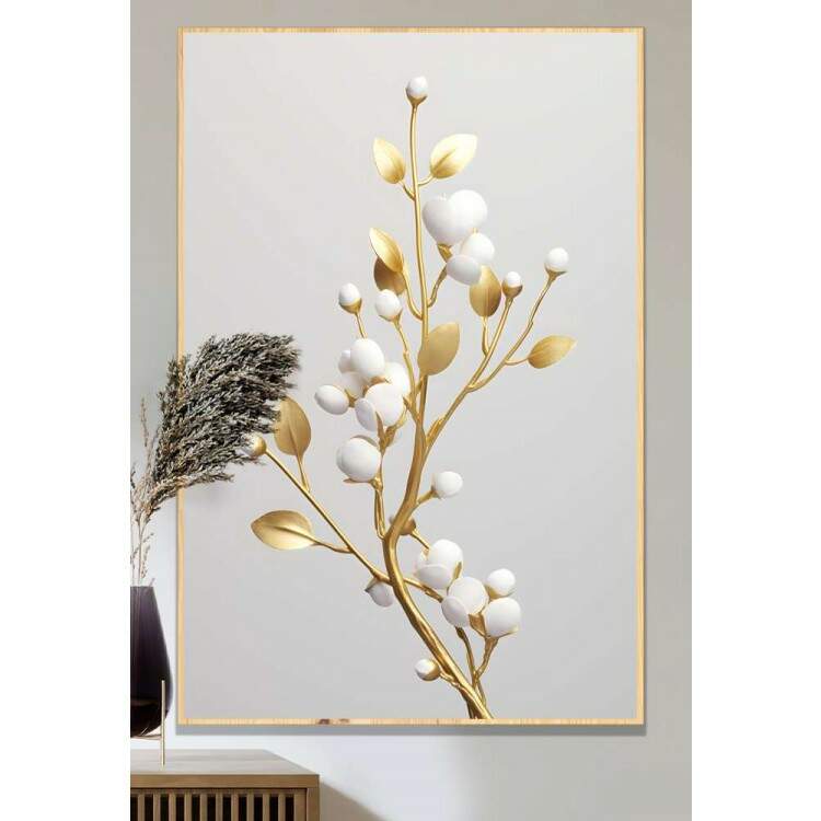 Quadro Decorativo Planta com Caule Dourado e Ptalas Brancas