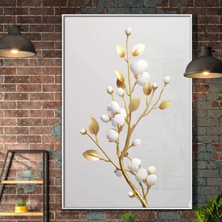 Quadro Decorativo Planta com Caule Dourado e Ptalas Brancas
