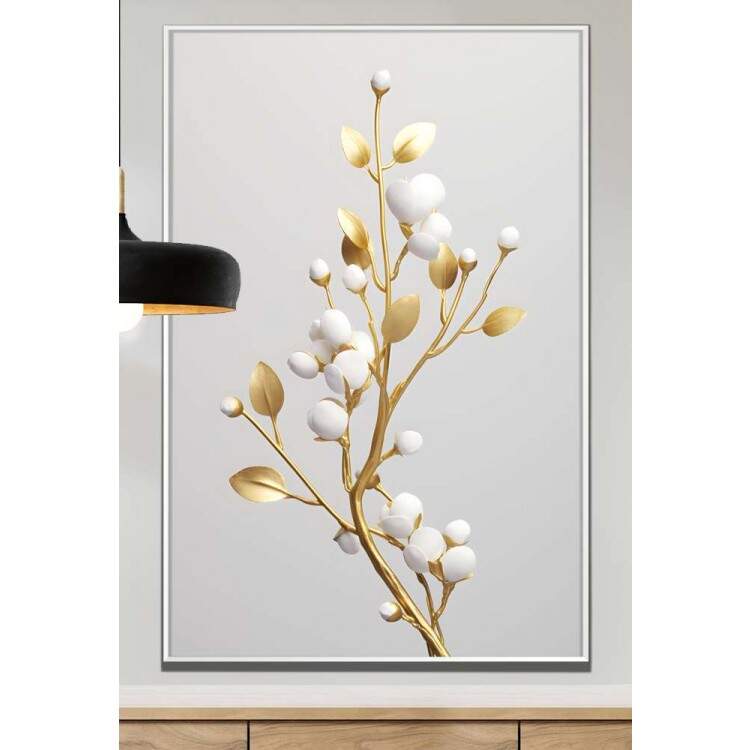 Quadro Decorativo Planta com Caule Dourado e Ptalas Brancas