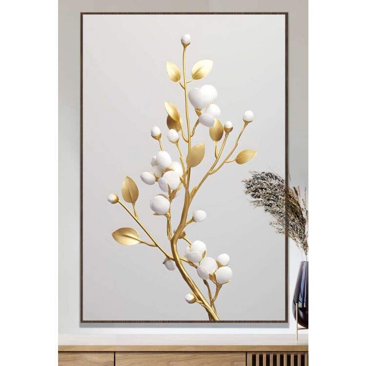Quadro Decorativo Planta com Caule Dourado e Ptalas Brancas