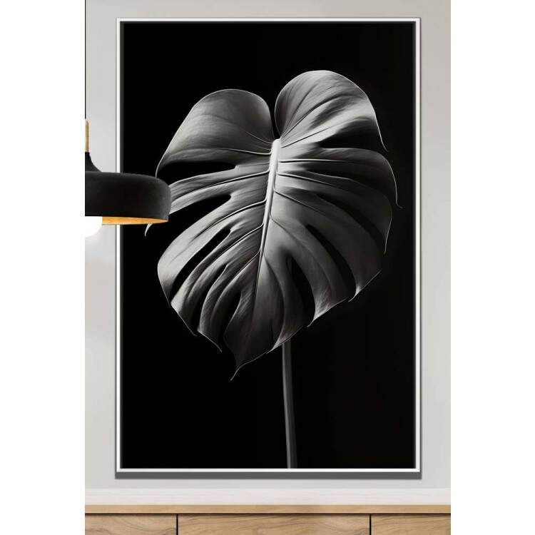 Quadro Decorativo Planta Monstera Preto e Branco Fundo Todo Preto