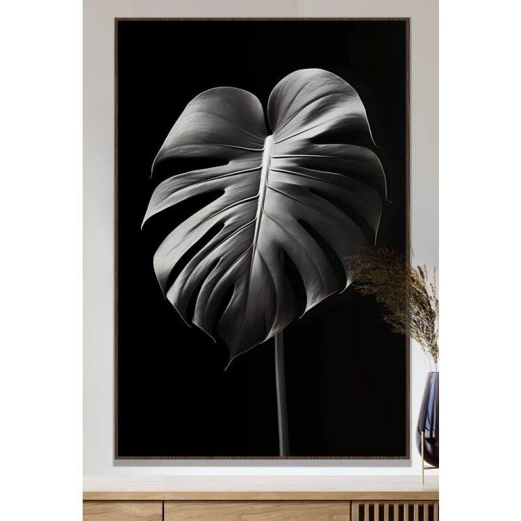 Quadro Decorativo Planta Monstera Preto e Branco Fundo Todo Preto