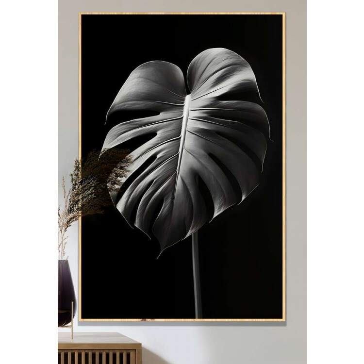 Quadro Decorativo Planta Monstera Preto e Branco Fundo Todo Preto