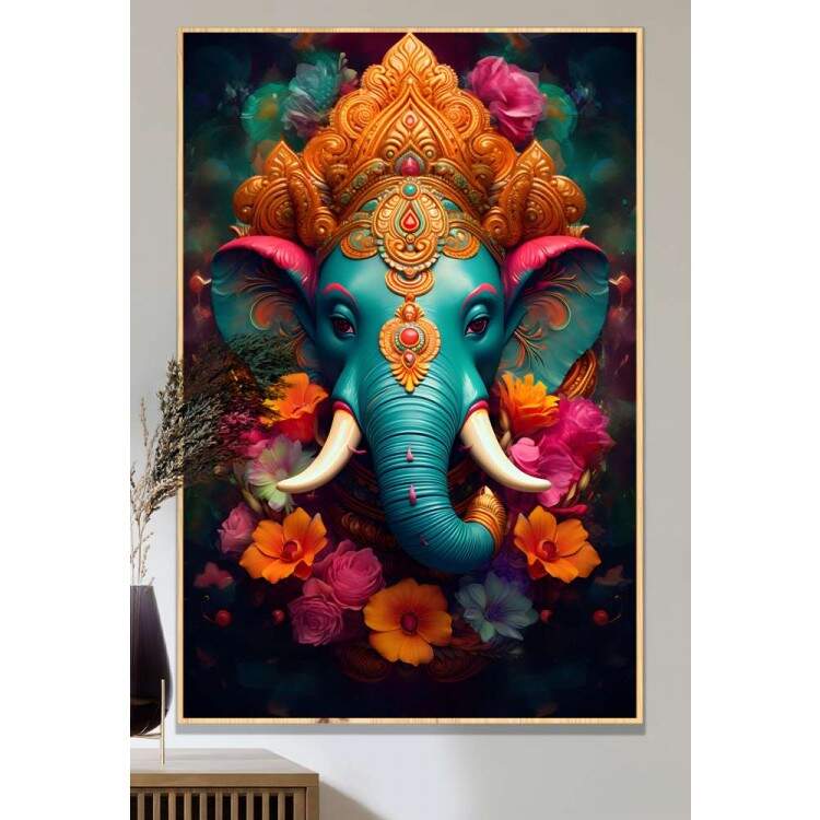 Quadro Decorativo Ganesha com Flores de Cores Intensas