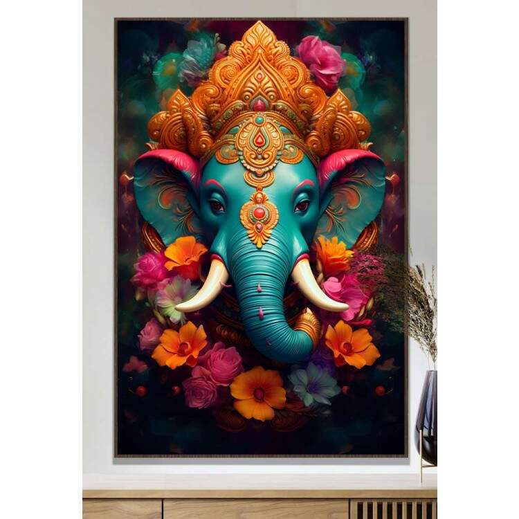 Quadro Decorativo Ganesha com Flores de Cores Intensas