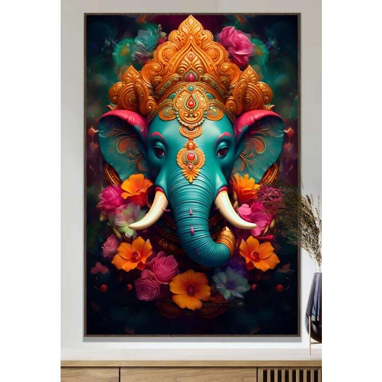 Quadro Decorativo Ganesha com Flores de Cores Intensas