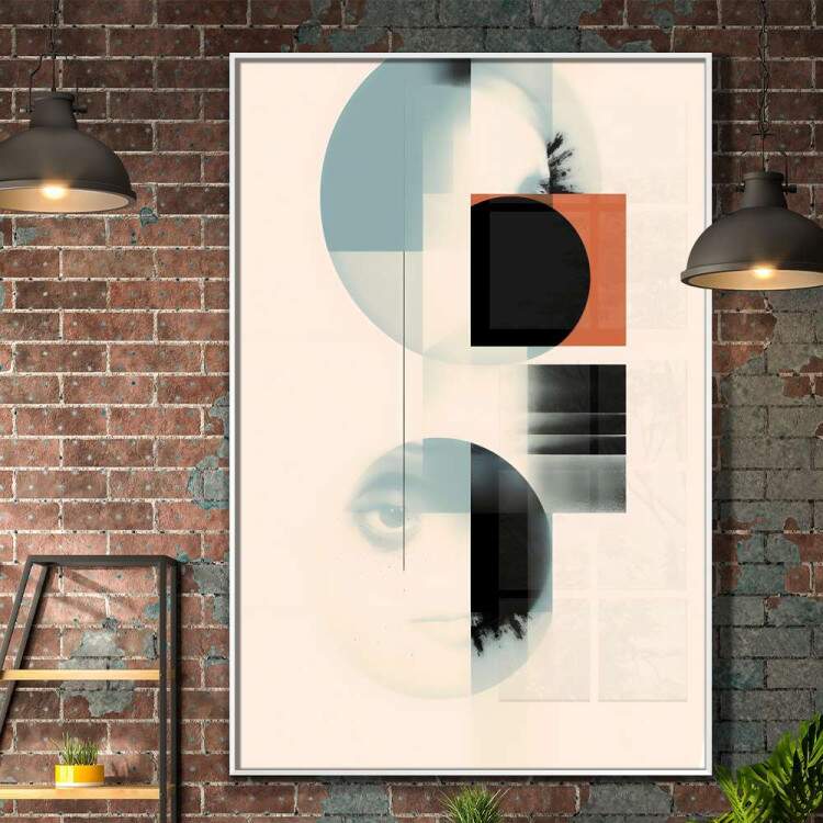 Quadro Decorativo Geomtrico Arte Abstrata com Tons de Laranja e Azul