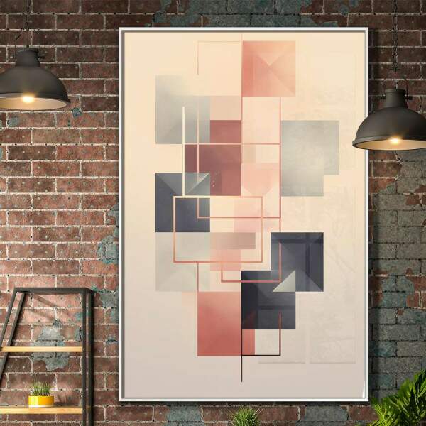 Quadro Decorativo Geomtrico Arte Abstrata Quadrados Tons de Rosa