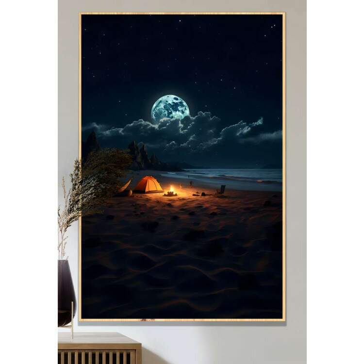 Quadro Decorativo Lua Cheia e Praia com Fogueira e Barraca