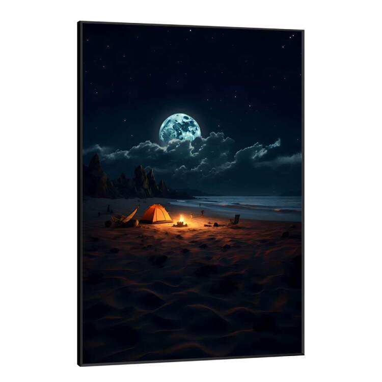 Quadro Decorativo Lua Cheia e Praia com Fogueira e Barraca