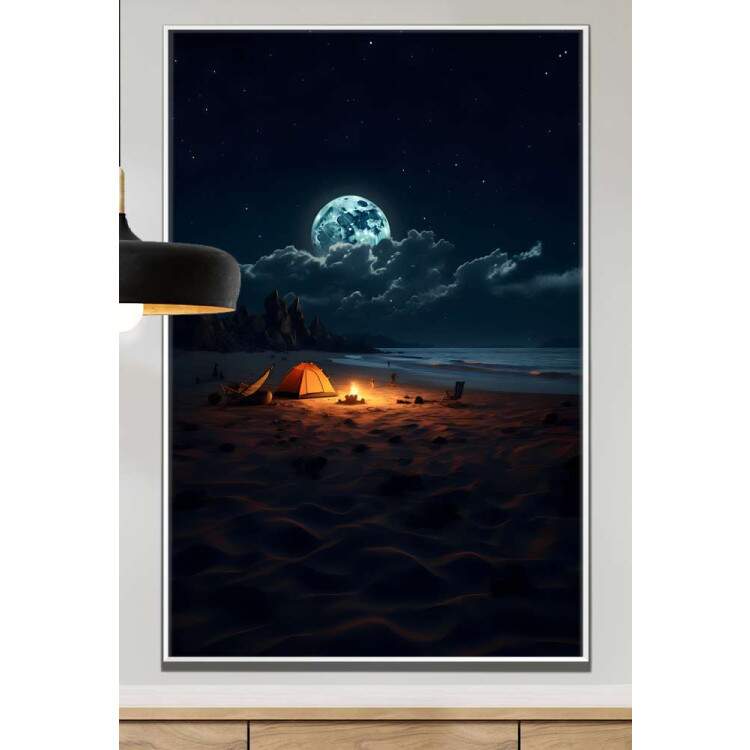 Quadro Decorativo Lua Cheia e Praia com Fogueira e Barraca