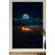 Quadro Decorativo Lua Cheia e Praia com Fogueira e Barraca