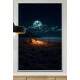 Quadro Decorativo Lua Cheia e Praia com Fogueira e Barraca