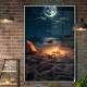 Quadro Decorativo Lua Cheia Iluminando Acampamento em Praia