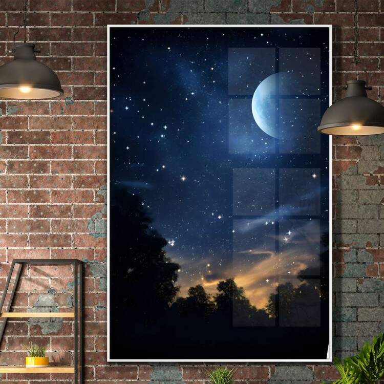 Quadro Decorativo Lua com Cu Estrelado e Florestas