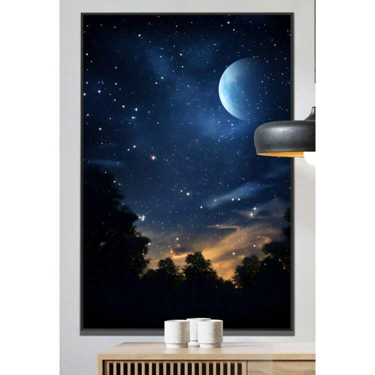 Quadro Decorativo Lua com Cu Estrelado e Florestas
