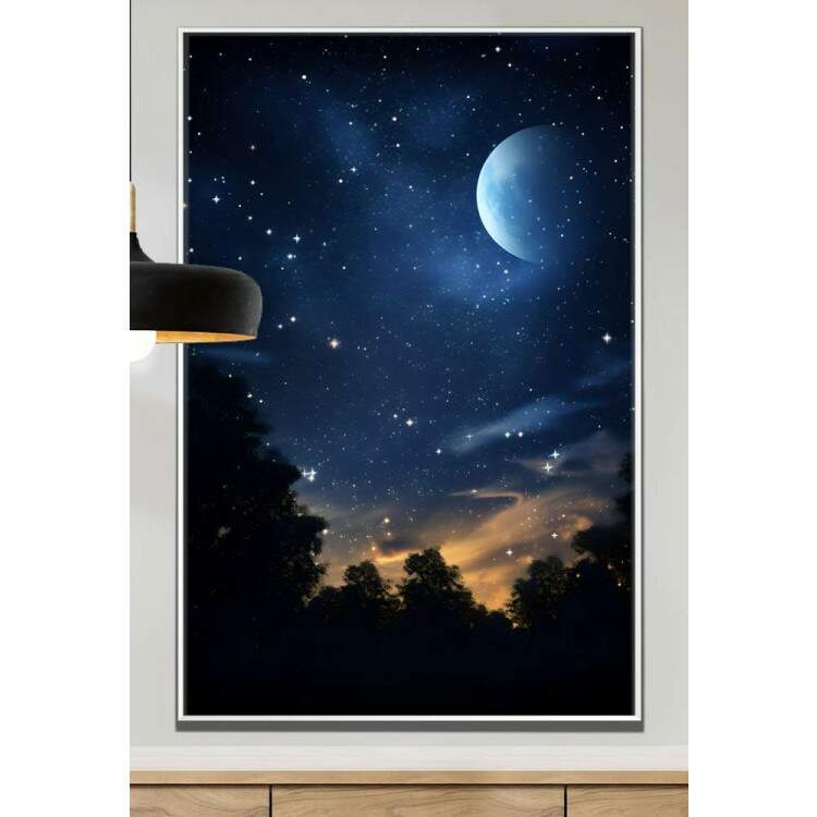 Quadro Decorativo Lua com Cu Estrelado e Florestas