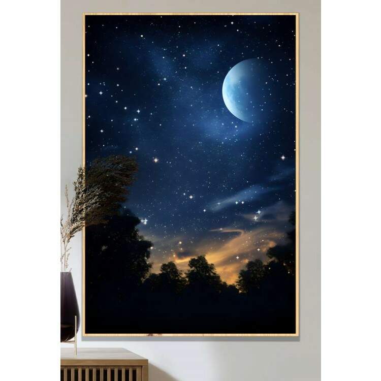 Quadro Decorativo Lua com Cu Estrelado e Florestas