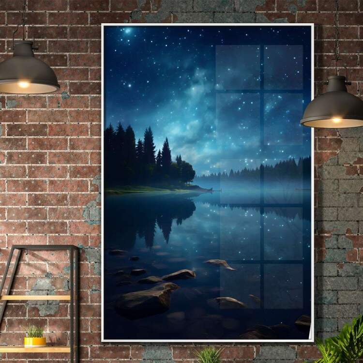 Quadro Decorativo Lua com Cu Estrelado Refletindo em Rio com Floresta de Fundo