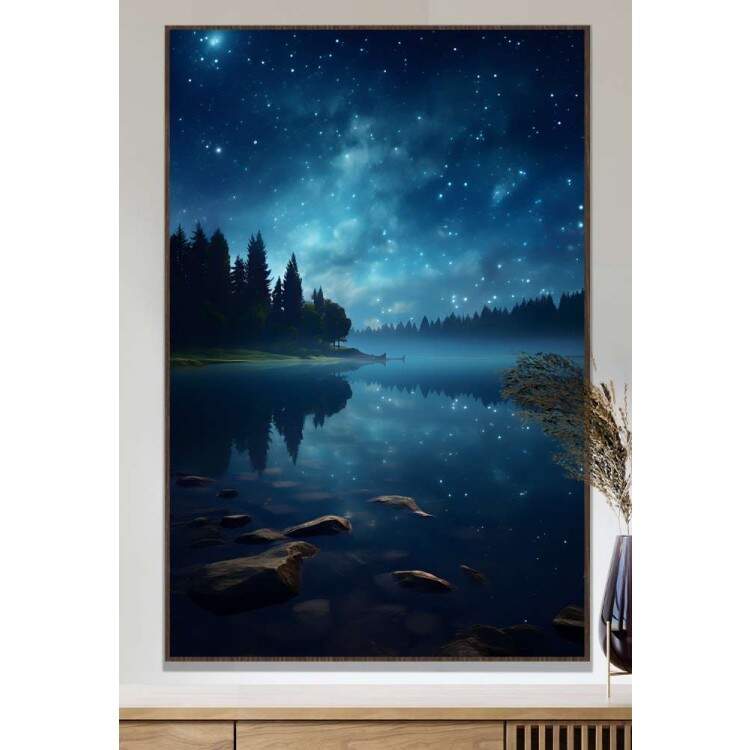Quadro Decorativo Lua com Cu Estrelado Refletindo em Rio com Floresta de Fundo