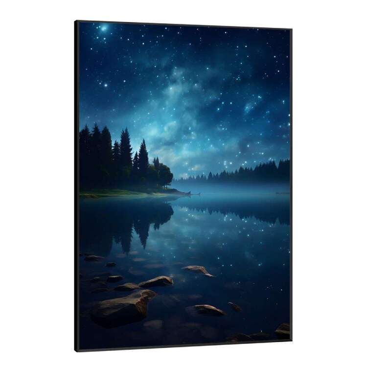 Quadro Decorativo Lua com Cu Estrelado Refletindo em Rio com Floresta de Fundo