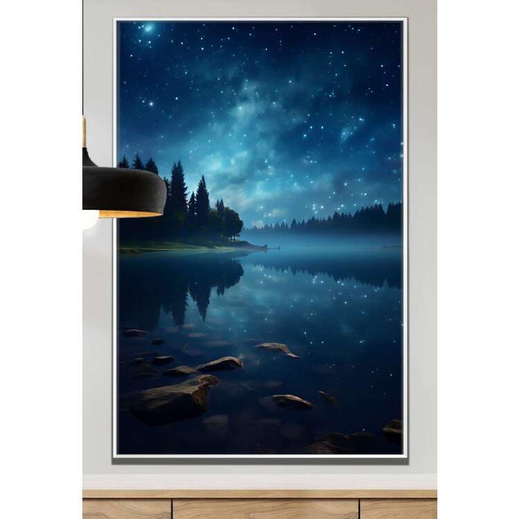 Quadro Decorativo Lua com Cu Estrelado Refletindo em Rio com Floresta de Fundo