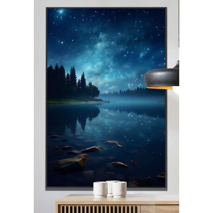 Quadro Decorativo Lua com Cu Estrelado Refletindo em Rio com Floresta de Fundo