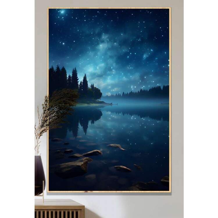Quadro Decorativo Lua com Cu Estrelado Refletindo em Rio com Floresta de Fundo