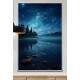 Quadro Decorativo Lua com C�u Estrelado Refletindo em Rio com Floresta de Fundo